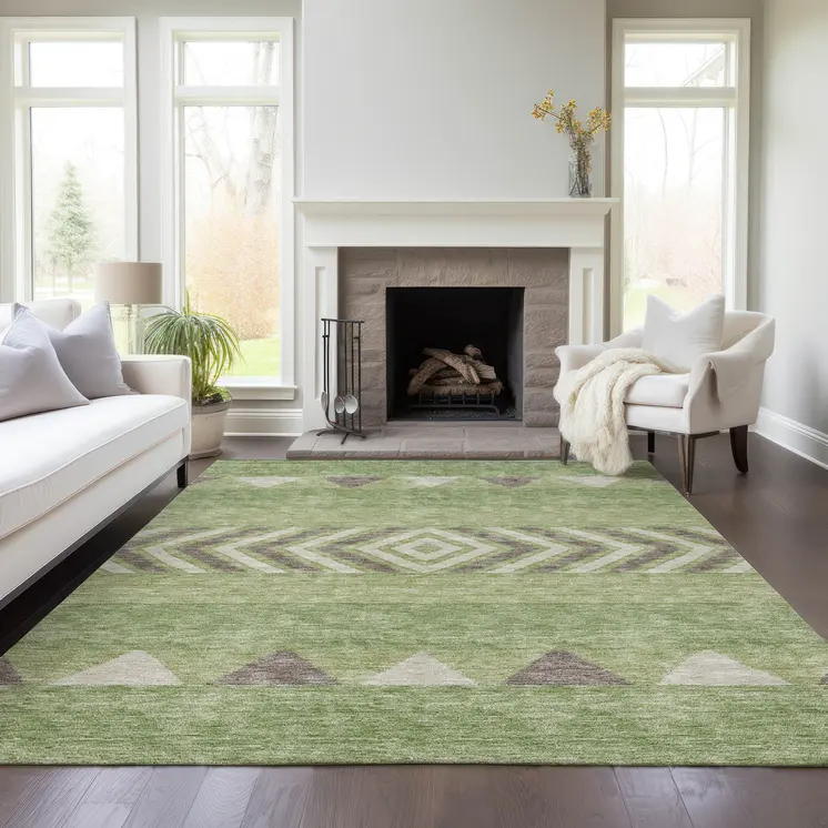3' X 5' Green Taupe And Ivory Southwestern Washable Indoor Outdoor Area Rug