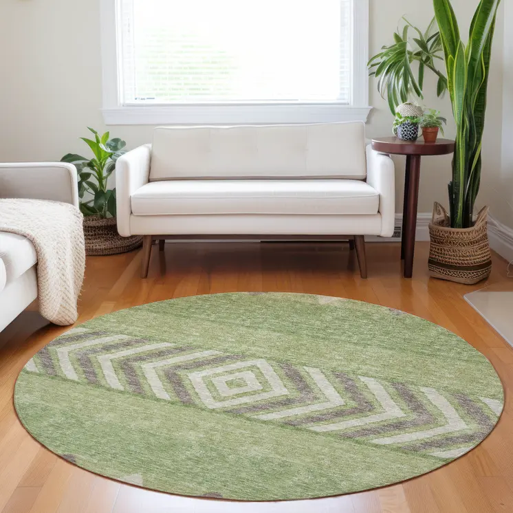 8' Green Taupe And Ivory Round Southwestern Washable Indoor Outdoor Area Rug