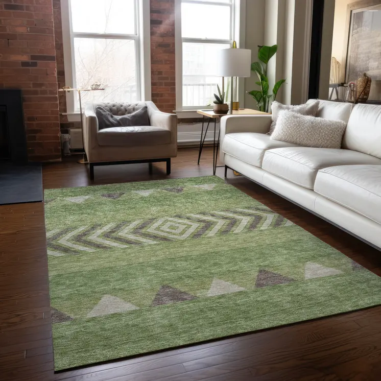 8' X 10' Green Taupe And Ivory Southwestern Washable Indoor Outdoor Area Rug