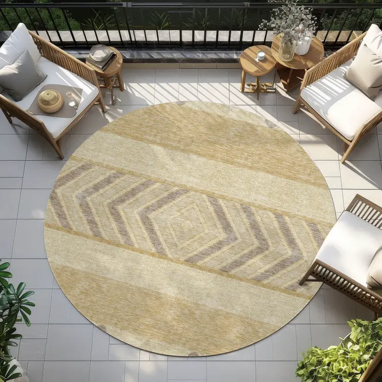 8' Gold Taupe And Beige Round Southwestern Washable Indoor Outdoor Area Rug