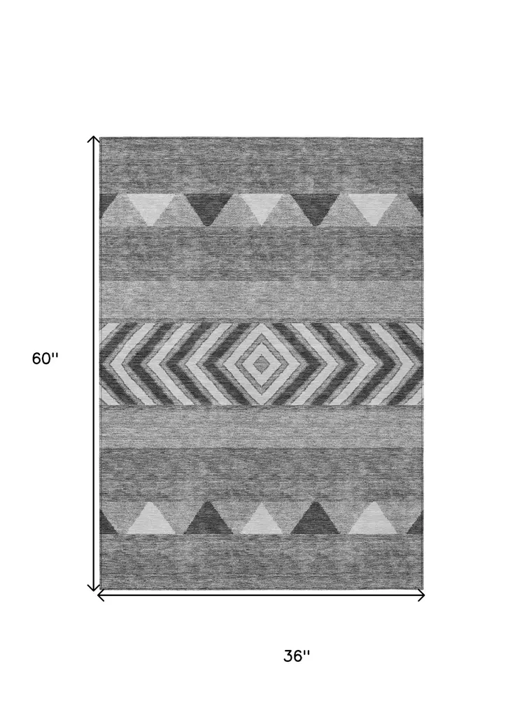 3' X 5' Gray Charcoal And Silver Southwestern Washable Indoor Outdoor Area Rug