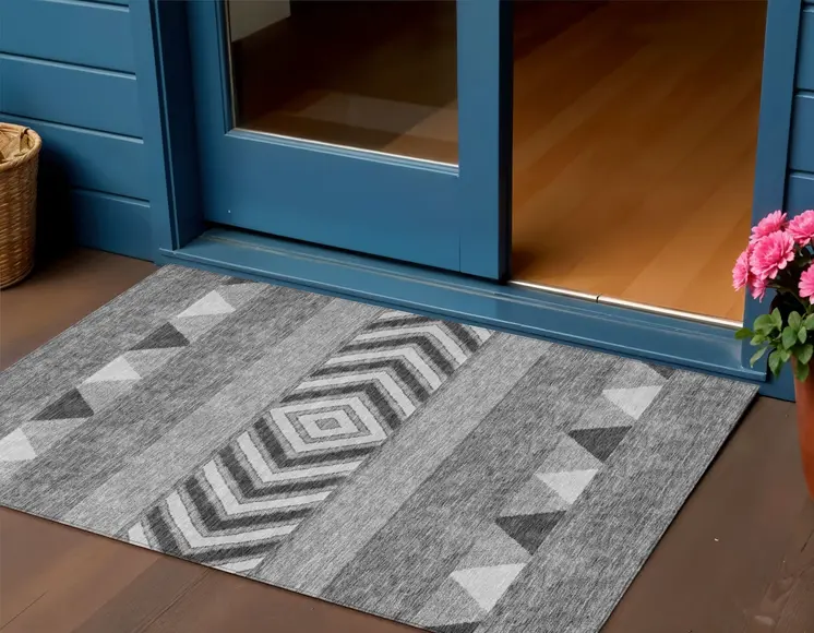 3' X 5' Gray Charcoal And Silver Southwestern Washable Indoor Outdoor Area Rug