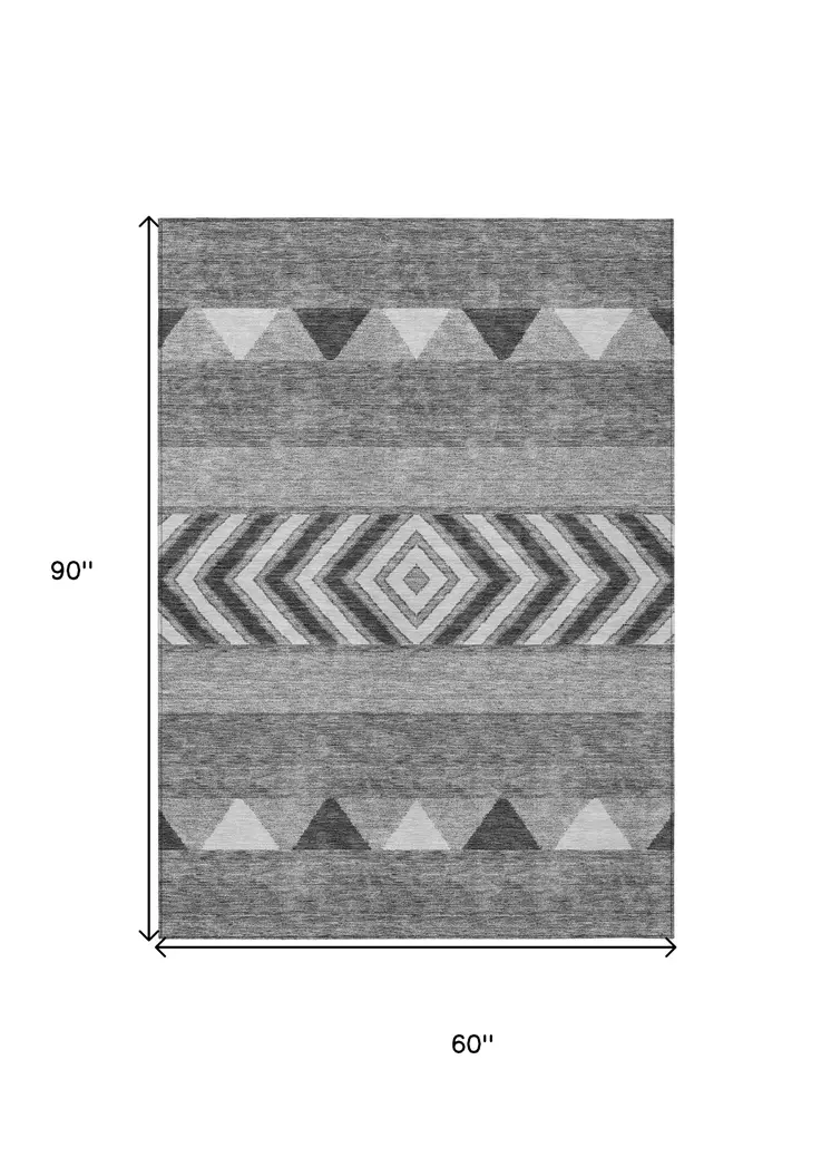 5' X 8' Gray Charcoal And Silver Southwestern Washable Indoor Outdoor Area Rug