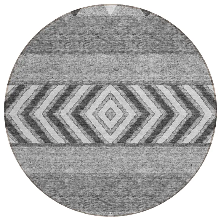 8' Gray Charcoal And Silver Round Southwestern Washable Indoor Outdoor Area Rug