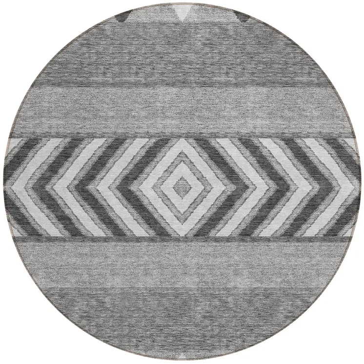 8' Gray Charcoal And Silver Round Southwestern Washable Indoor Outdoor Area Rug