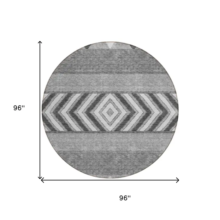 8' Gray Charcoal And Silver Round Southwestern Washable Indoor Outdoor Area Rug