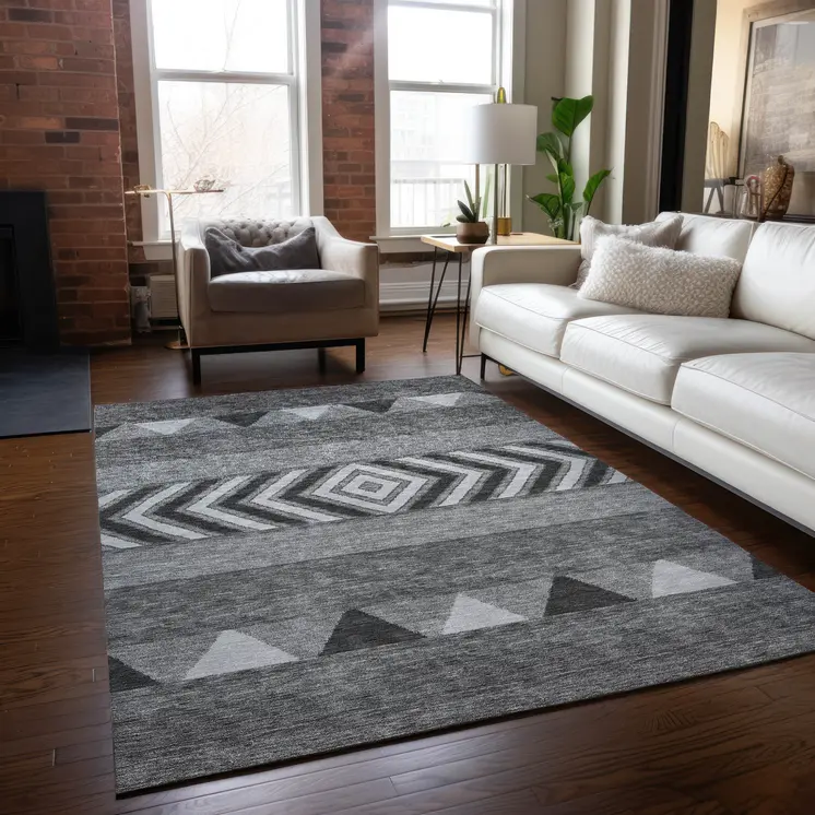 10' X 14' Gray Charcoal And Silver Southwestern Washable Indoor Outdoor Area Rug