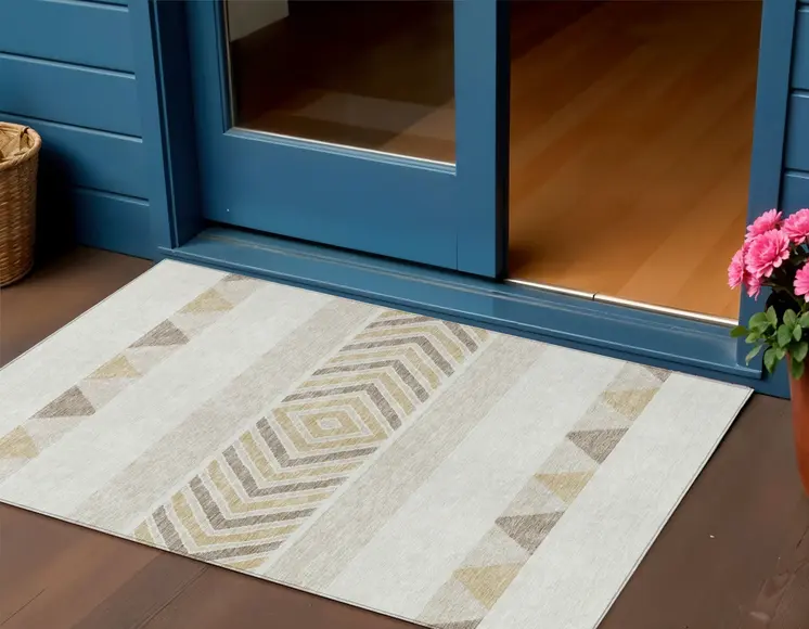 3' X 5' Ivory Beige And Taupe Southwestern Washable Indoor Outdoor Area Rug