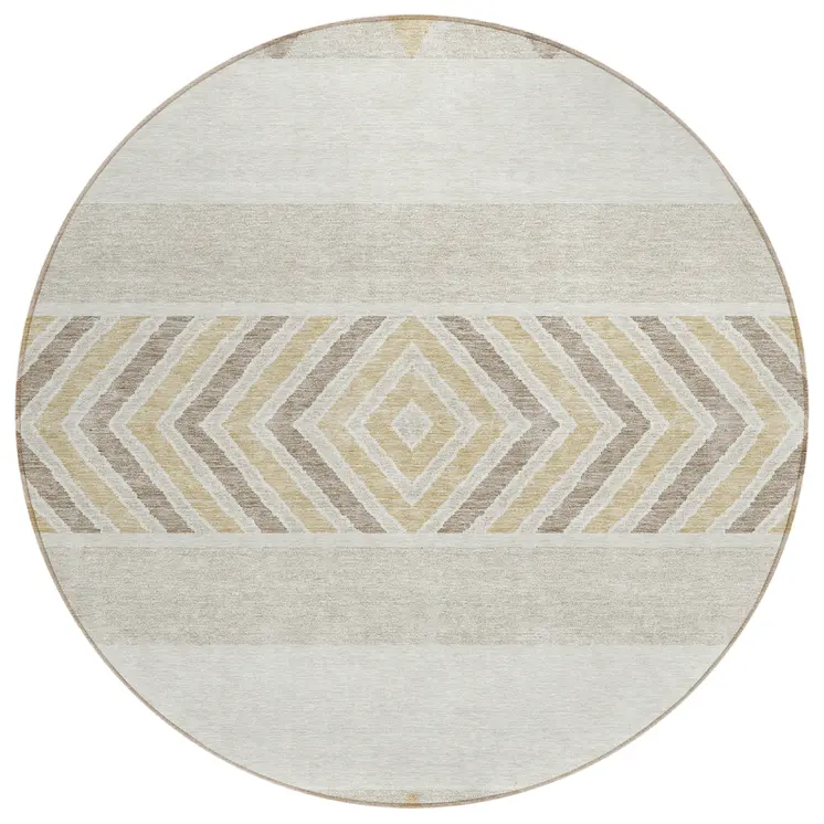 8' Ivory Beige And Taupe Round Southwestern Washable Indoor Outdoor Area Rug