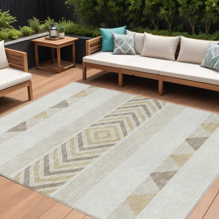 8' X 10' Ivory Beige And Taupe Southwestern Washable Indoor Outdoor Area Rug