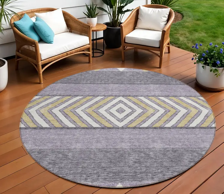 8' Lavender Ivory And Gold Round Southwestern Washable Indoor Outdoor Area Rug