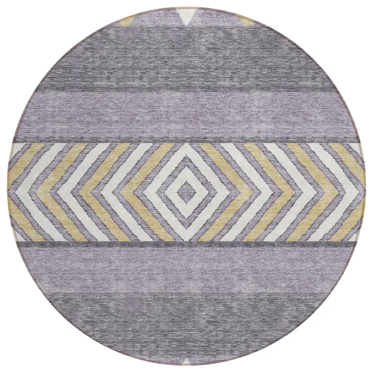 8' Lavender Ivory And Gold Round Southwestern Washable Indoor Outdoor Area Rug