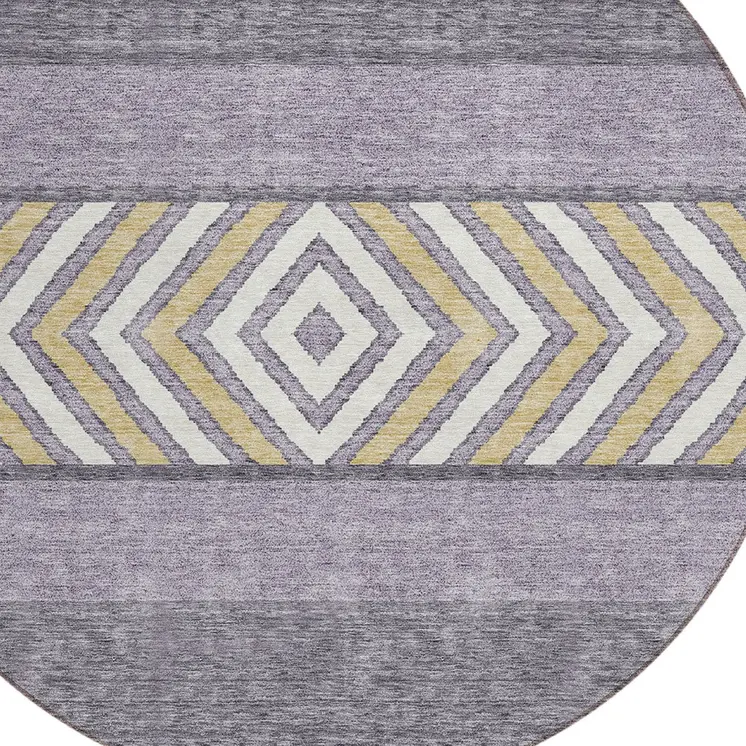 8' Lavender Ivory And Gold Round Southwestern Washable Indoor Outdoor Area Rug