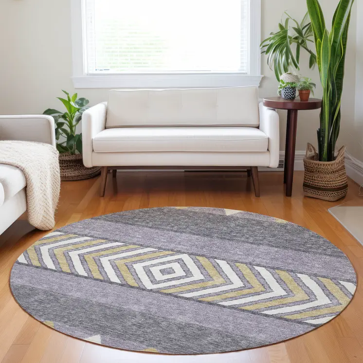 8' Lavender Ivory And Gold Round Southwestern Washable Indoor Outdoor Area Rug