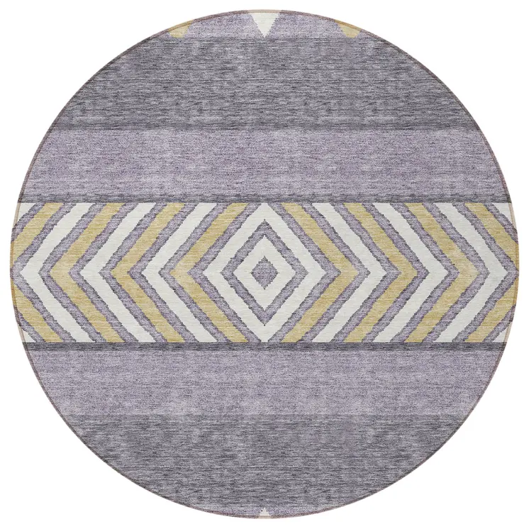 8' Lavender Ivory And Gold Round Southwestern Washable Indoor Outdoor Area Rug