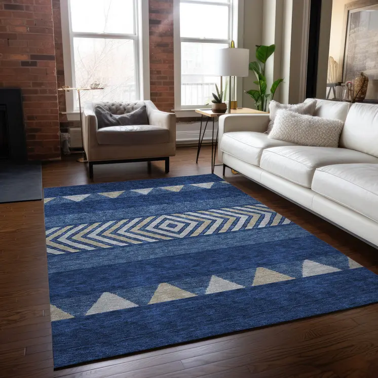 3' X 5' Navy Blue Ivory And Beige Southwestern Washable Indoor Outdoor Area Rug