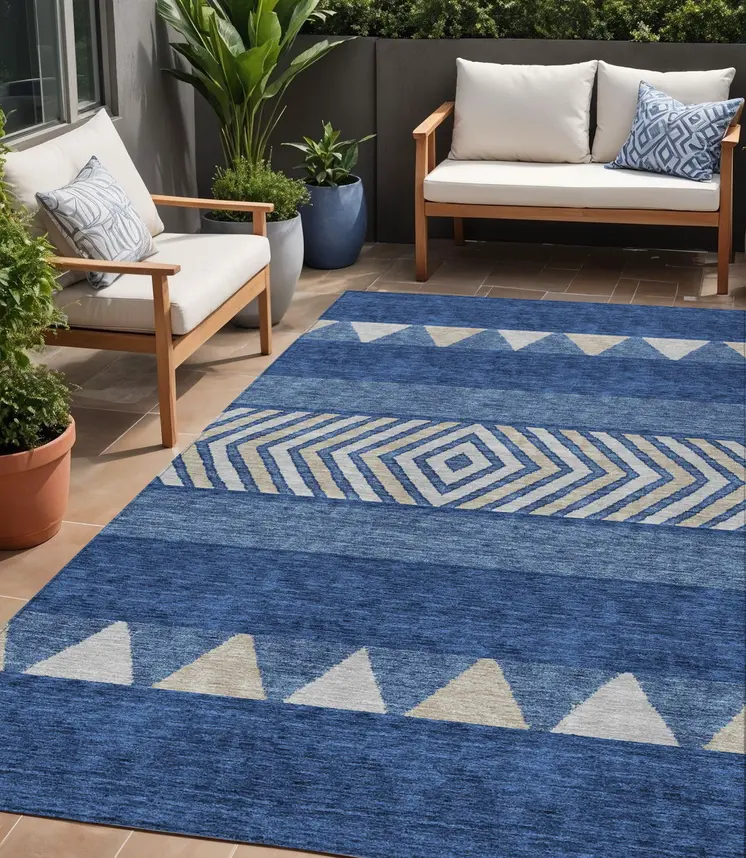 5' X 8' Navy Blue Ivory And Beige Southwestern Washable Indoor Outdoor Area Rug