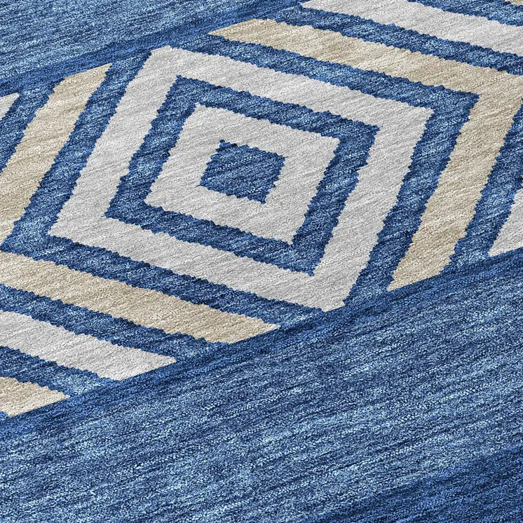 8' Navy Blue Ivory And Beige Round Southwestern Washable Indoor Outdoor Area Rug