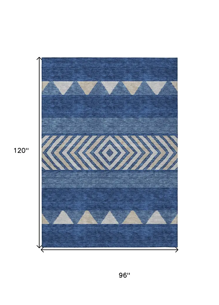 8' X 10' Navy Blue Ivory And Beige Southwestern Washable Indoor Outdoor Area Rug