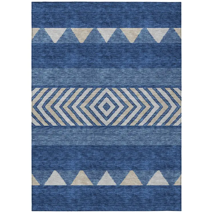 8' X 10' Navy Blue Ivory And Beige Southwestern Washable Indoor Outdoor Area Rug