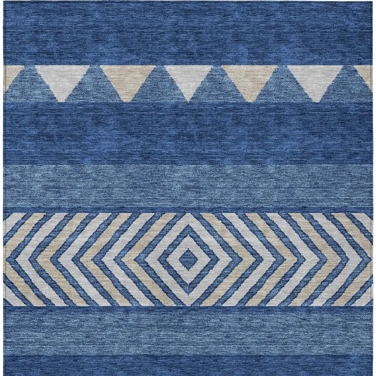9' X 12' Navy Blue Ivory And Beige Southwestern Washable Indoor Outdoor Area Rug