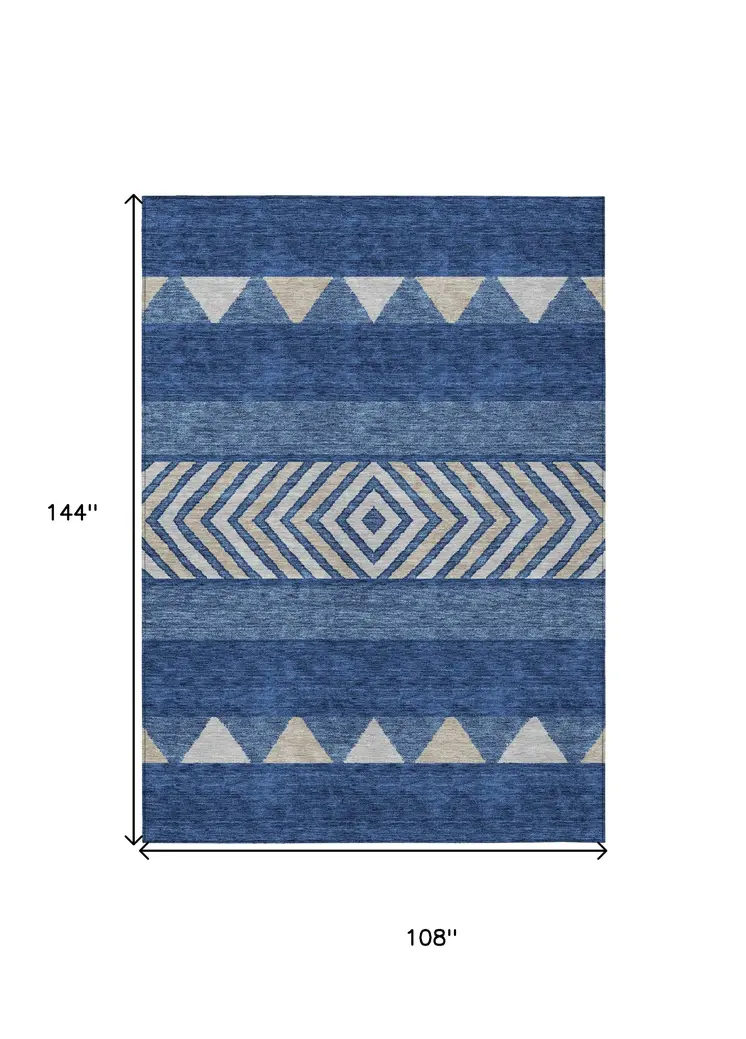 9' X 12' Navy Blue Ivory And Beige Southwestern Washable Indoor Outdoor Area Rug