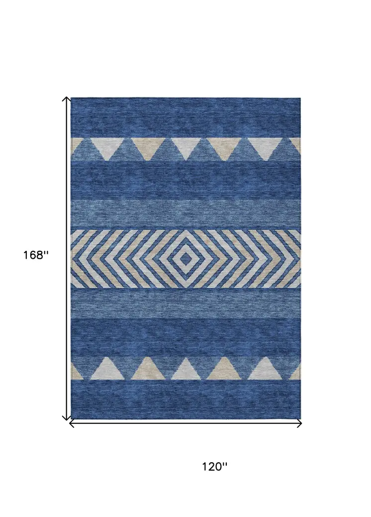 10' X 14' Navy Blue Ivory And Beige Southwestern Washable Indoor Outdoor Area Rug