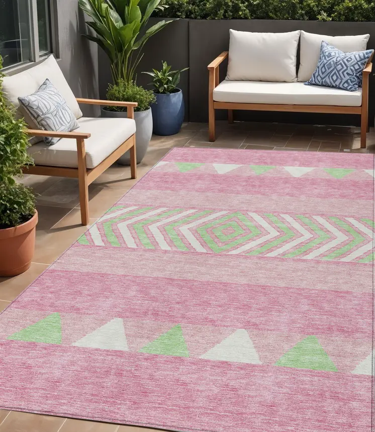5' X 8' Pink Ivory And Mint Green Southwestern Washable Indoor Outdoor Area Rug