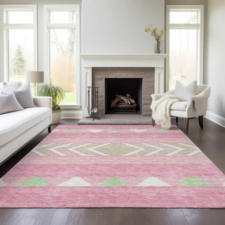 5' X 8' Pink Ivory And Mint Green Southwestern Washable Indoor Outdoor Area Rug