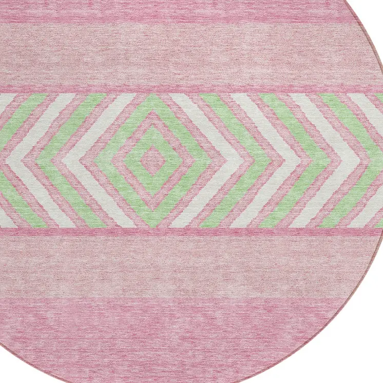 8' Pink Ivory And Mint Green Round Southwestern Washable Indoor Outdoor Area Rug