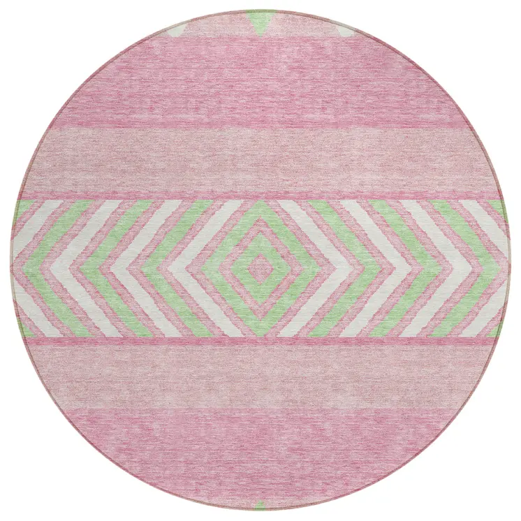 8' Pink Ivory And Mint Green Round Southwestern Washable Indoor Outdoor Area Rug