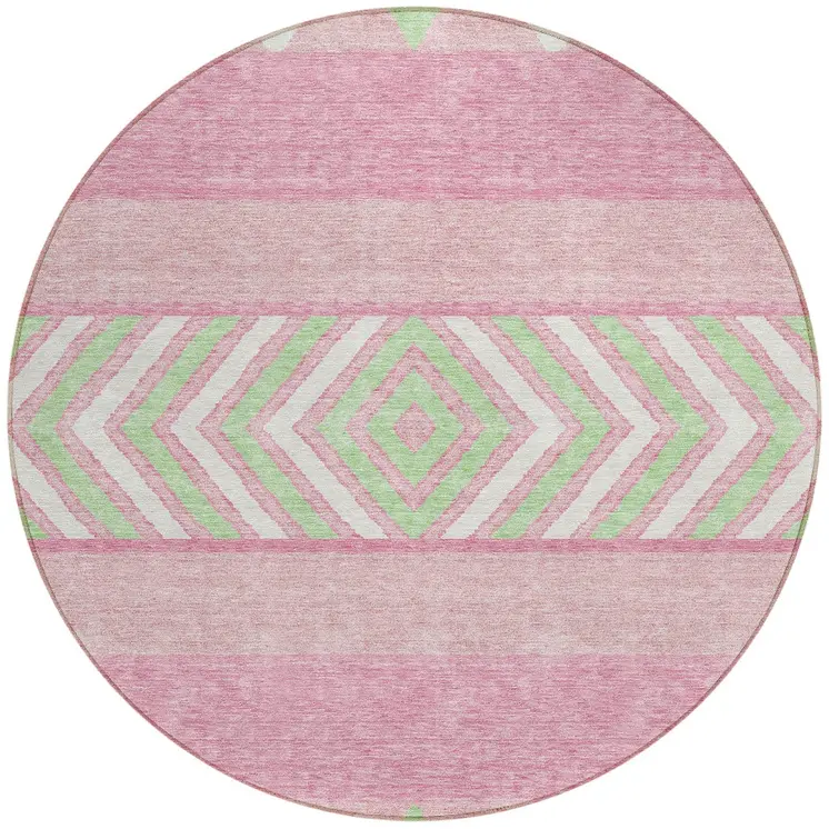 8' Pink Ivory And Mint Green Round Southwestern Washable Indoor Outdoor Area Rug