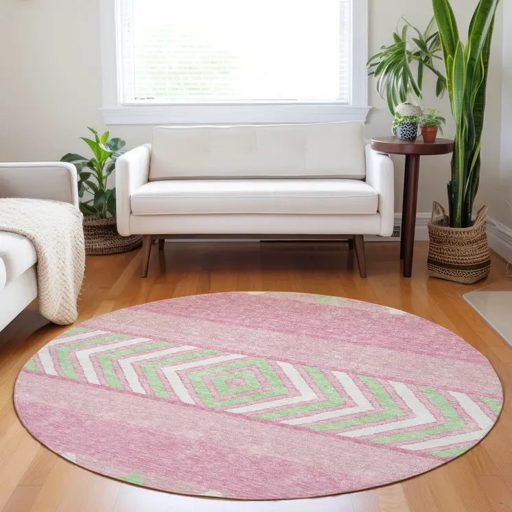 8' Pink Ivory And Mint Green Round Southwestern Washable Indoor Outdoor Area Rug
