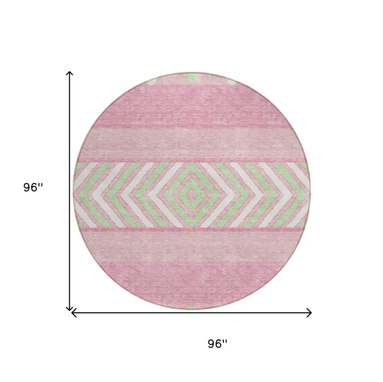 8' Pink Ivory And Mint Green Round Southwestern Washable Indoor Outdoor Area Rug
