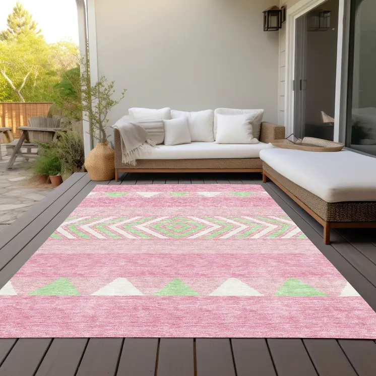 8' X 10' Pink Ivory And Mint Green Southwestern Washable Indoor Outdoor Area Rug