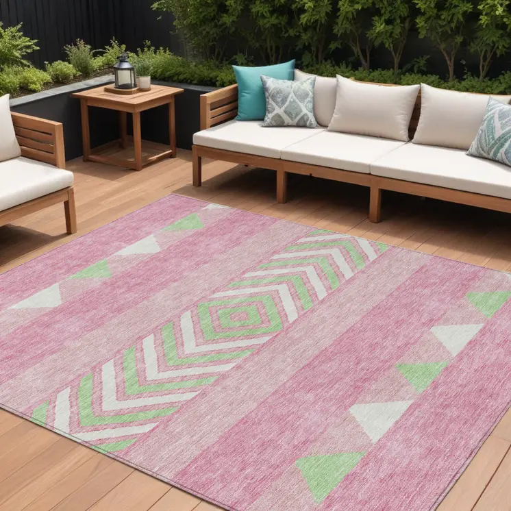 9' X 12' Pink Ivory And Mint Green Southwestern Washable Indoor Outdoor Area Rug
