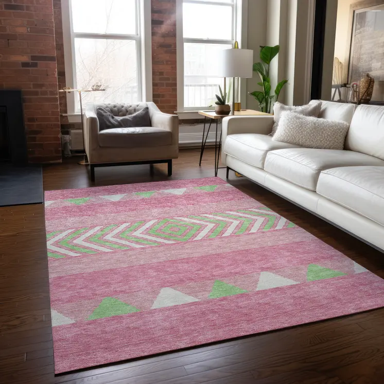 9' X 12' Pink Ivory And Mint Green Southwestern Washable Indoor Outdoor Area Rug