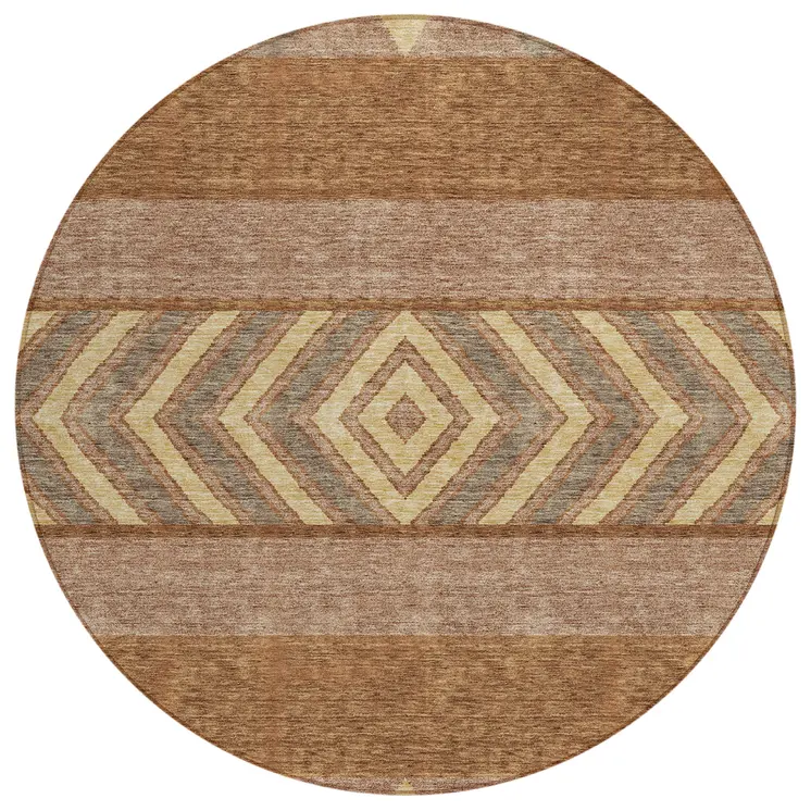 8' Orange Wheat And Taupe Round Southwestern Washable Indoor Outdoor Area Rug