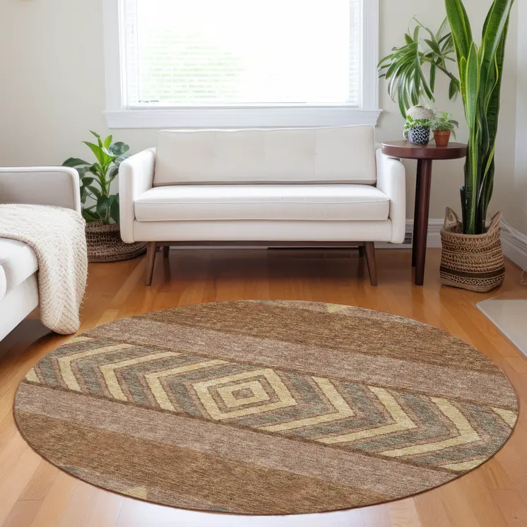 8' Orange Wheat And Taupe Round Southwestern Washable Indoor Outdoor Area Rug