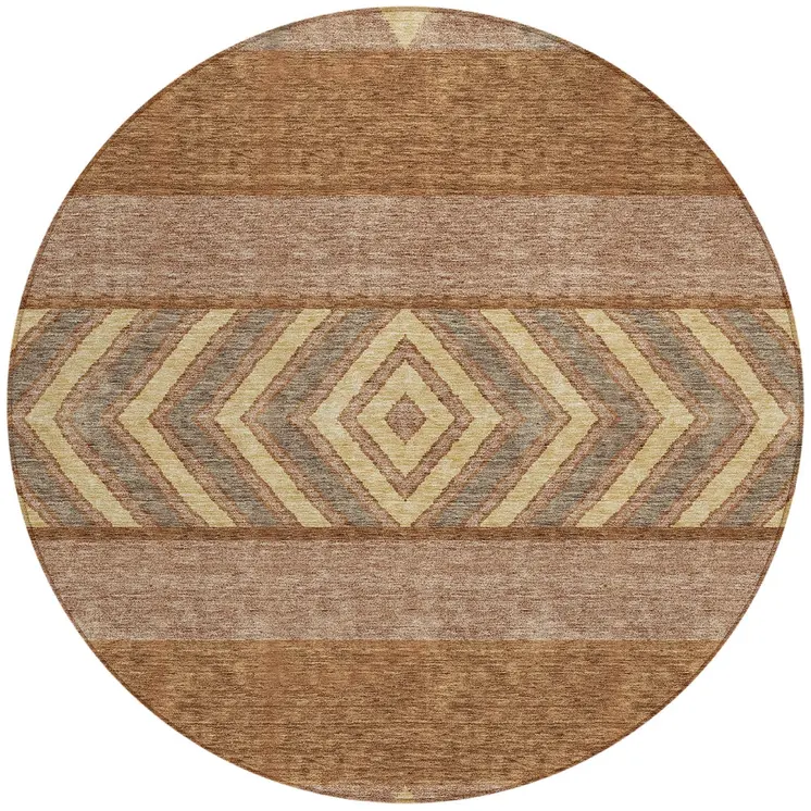 8' Orange Wheat And Taupe Round Southwestern Washable Indoor Outdoor Area Rug
