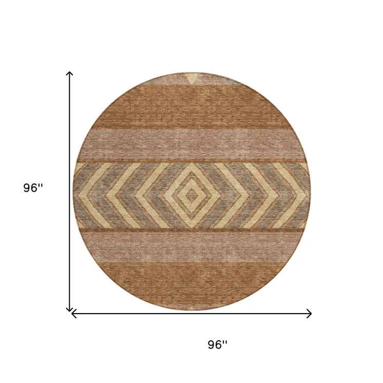 8' Orange Wheat And Taupe Round Southwestern Washable Indoor Outdoor Area Rug