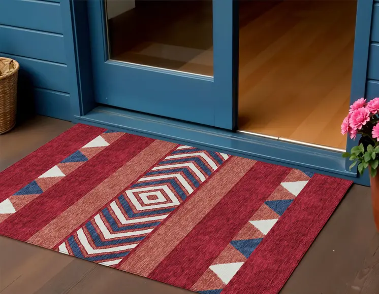 3' X 5' Red White And Navy Blue Southwestern Washable Indoor Outdoor Area Rug