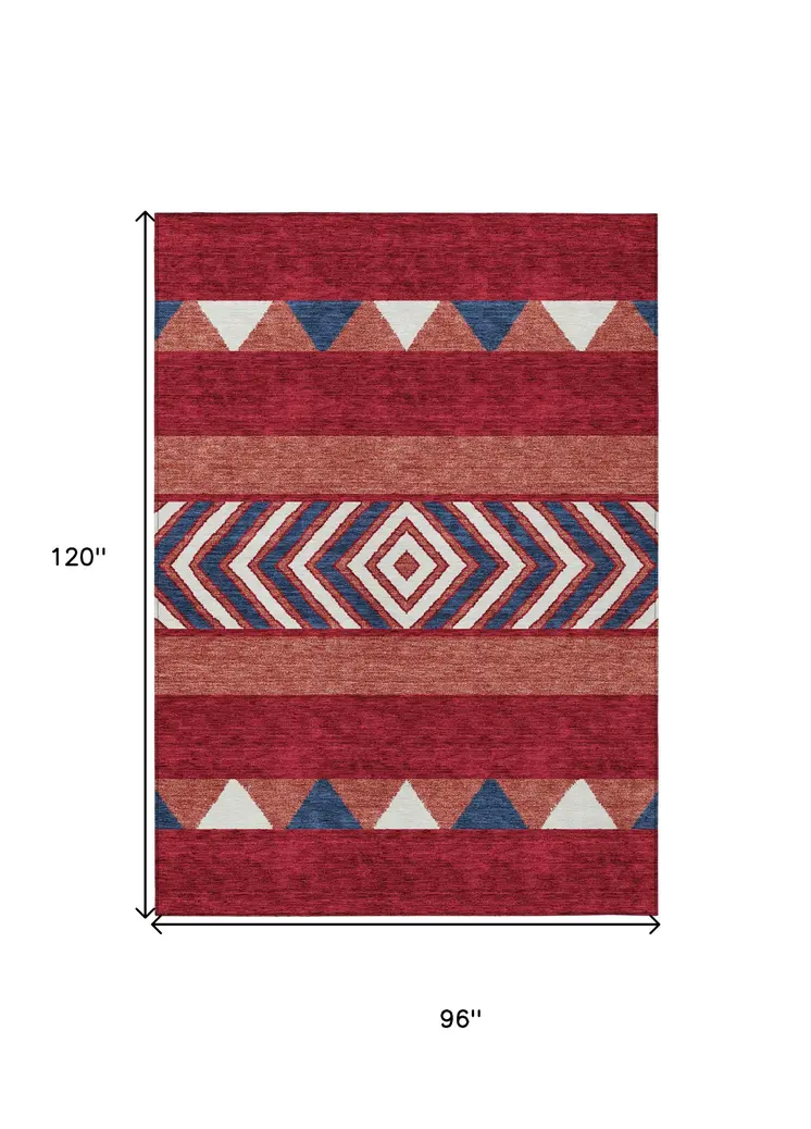 8' X 10' Red White And Navy Blue Southwestern Washable Indoor Outdoor Area Rug