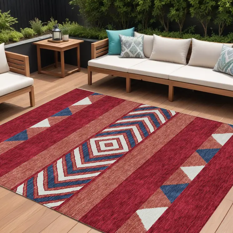 10' X 14' Red White And Navy Blue Southwestern Washable Indoor Outdoor Area Rug