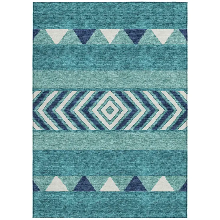 5' X 8' Teal Blue Navy Blue And Ivory Southwestern Washable Indoor Outdoor Area Rug