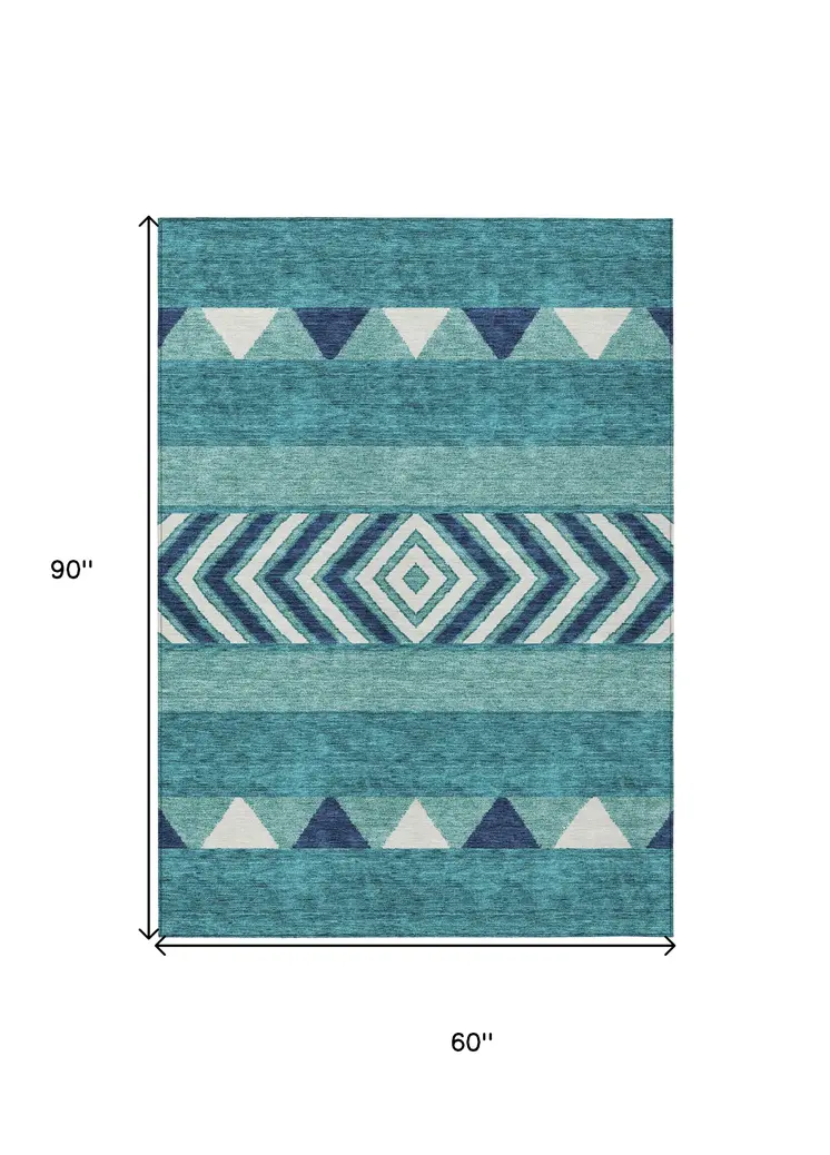 5' X 8' Teal Blue Navy Blue And Ivory Southwestern Washable Indoor Outdoor Area Rug