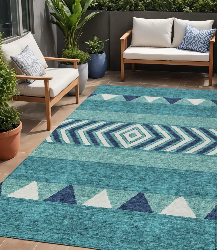 5' X 8' Teal Blue Navy Blue And Ivory Southwestern Washable Indoor Outdoor Area Rug
