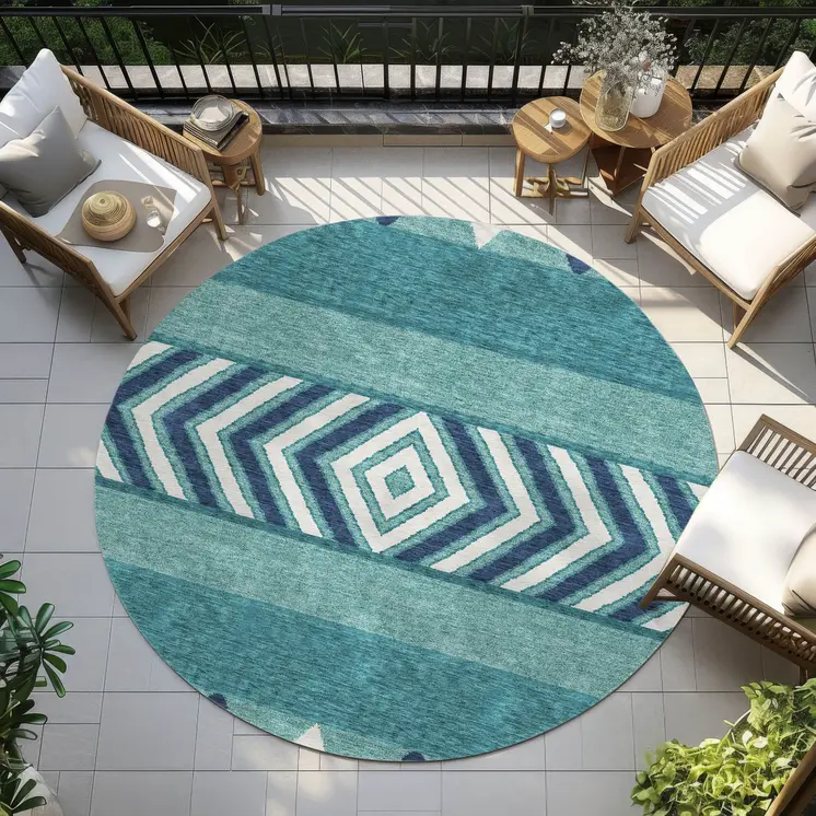 8' Teal Blue Navy Blue And Ivory Round Southwestern Washable Indoor Outdoor Area Rug