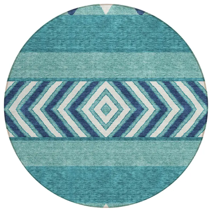 8' Teal Blue Navy Blue And Ivory Round Southwestern Washable Indoor Outdoor Area Rug