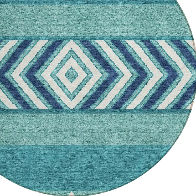 8' Teal Blue Navy Blue And Ivory Round Southwestern Washable Indoor Outdoor Area Rug